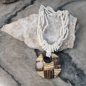 Vintage Multi-Strand White Beaded Necklace with Wood Pendant